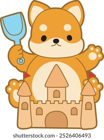 Lindo cachorro kawaii perro encantador icono de Vector animal. Fluffy Shiba Inu pegatinas para mascotas. Ilustraciones de actividades de perrito feliz.
Shiba Inu jugando un castillo de arena