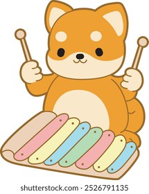 Cute puppy kawaii dog lovely animal vector icon. Fluffy Shiba Inu pet stickers. Happy doggy activities illustrations.
Shiba Inu playing a traditional instrument