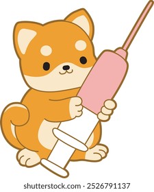 Cute puppy kawaii dog lovely animal vector icon. Fluffy Shiba Inu pet stickers. Happy doggy activities illustrations.
Shiba Inu bring a big syringe.