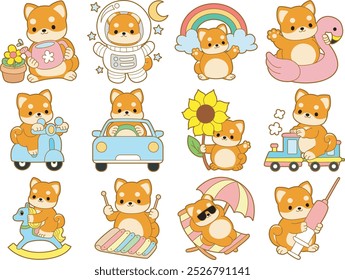 Cute puppy kawaii dog lovely animal vector icon. Fluffy Shiba Inu pet stickers. Happy doggy activities illustrations.
Variation transportation and random activities of cute Shiba Inu