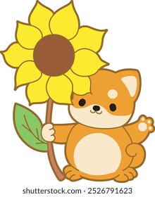 Cute puppy kawaii dog lovely animal vector icon. Fluffy Shiba Inu pet stickers. Happy doggy activities illustrations.
Shiba Inu bring a big sun flower