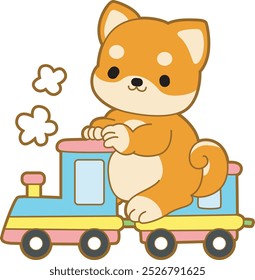 Cute puppy kawaii dog lovely animal vector icon. Fluffy Shiba Inu pet stickers. Happy doggy activities illustrations.
Shiba Inu riding a train