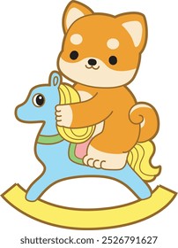 Lindo cachorro kawaii perro encantador icono de Vector animal. Fluffy Shiba Inu pegatinas para mascotas. Ilustraciones de actividades de perrito feliz.
Shiba Inu jugando un caballo rocoso