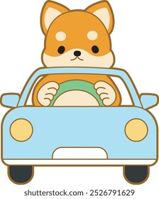 Cute puppy kawaii dog lovely animal vector icon. Fluffy Shiba Inu pet stickers. Happy doggy activities illustrations.
Shiba Inu driving a car