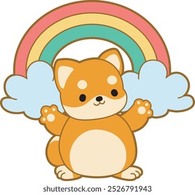 Cute puppy kawaii dog lovely animal vector icon. Fluffy Shiba Inu pet stickers. Happy doggy activities illustrations.
Shiba Inu in front of the rainbow