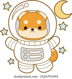 Cute puppy kawaii dog lovely animal vector icon. Fluffy Shiba Inu pet stickers. Happy doggy activities illustrations.
Shiba Inu in the sky with astronaut costume