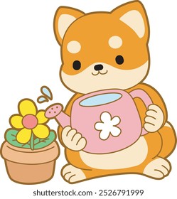 Cute puppy kawaii dog lovely animal vector icon. Fluffy Shiba Inu pet stickers. Happy doggy activities illustrations.
Shiba Inu watering a flower