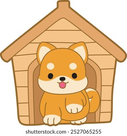 Cute puppy kawaii dog lovely animal vector icon. Fluffy Shiba Inu pet stickers. Happy doggy activities illustrations.
Shiba inu in it house.