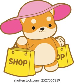 Cute puppy kawaii dog lovely animal vector icon. Fluffy Shiba Inu pet stickers. Happy doggy activities illustrations.
Shiba Inu wearing a big hat and bring a shopping bag