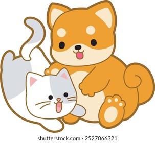 Cute puppy kawaii dog lovely animal vector icon. Fluffy Shiba Inu pet stickers. Happy doggy activities illustrations.
Shiba Inu with it cat.