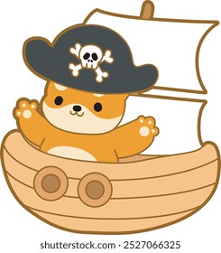 Cute puppy kawaii dog lovely animal vector icon. Fluffy Shiba Inu pet stickers. Happy doggy activities illustrations.
Shiba Inu in the ship wearing a pirates costume