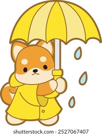 Cute puppy kawaii dog lovely animal vector icon. Fluffy Shiba Inu pet stickers. Happy doggy activities illustrations.
Shiba Inu wearing a yellow coat and bring an umbrella in the raining