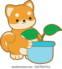 Cute puppy kawaii dog lovely animal vector icon. Fluffy Shiba Inu pet stickers. Happy doggy activities illustrations.
Shiba Inu bring a plant in the pot