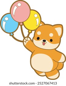 Cute puppy kawaii dog lovely animal vector icon. Fluffy Shiba Inu pet stickers. Happy doggy activities illustrations.
Shiba Inu bring a three balloons