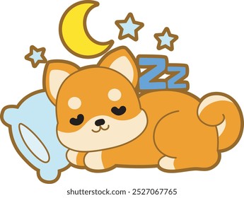 Cute puppy kawaii dog lovely animal vector icon. Fluffy Shiba Inu pet stickers. Happy doggy activities illustrations.
Shiba Inu is sleeping under the moon and stars