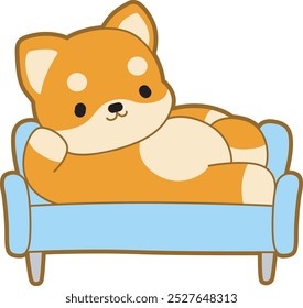 Cute puppy kawaii dog lovely animal vector icon. Fluffy Shiba Inu pet stickers. Happy doggy activities illustrations.
Shiba Inu lay in the chair