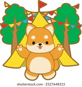 Lindo cachorro kawaii perro encantador icono de Vector animal. Fluffy Shiba Inu pegatinas para mascotas. Ilustraciones de actividades de perrito feliz.
Shiba Inu estaba acampando en la selva