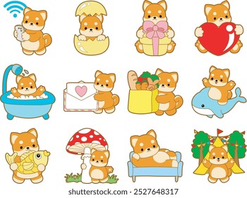 Cute puppy kawaii dog lovely animal vector icon. Fluffy Shiba Inu pet stickers. Happy doggy activities illustrations.
Variation hobby of shiba inu cute elements.