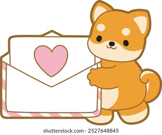 Lindo cachorro kawaii perro encantador icono de Vector animal. Fluffy Shiba Inu pegatinas para mascotas. Ilustraciones de actividades de perrito feliz.
Shiba Inu trae una gran carta de amor