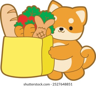 Cute puppy kawaii dog lovely animal vector icon. Fluffy Shiba Inu pet stickers. Happy doggy activities illustrations.
Shiba Inu bring a grocery bag