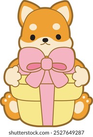 Lindo cachorro kawaii perro encantador icono de Vector animal. Fluffy Shiba Inu pegatinas para mascotas. Ilustraciones de actividades de perrito feliz.
Shiba Inu trae una caja de regalo