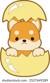 Cute puppy kawaii dog lovely animal vector icon. Fluffy Shiba Inu pet stickers. Happy doggy activities illustrations.
Shiba Inu is in the crack of eggs