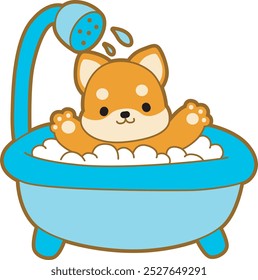 Cute puppy kawaii dog lovely animal vector icon. Fluffy Shiba Inu pet stickers. Happy doggy activities illustrations.
Shiba Inu take a bath in the bathroom