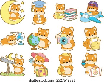 Cachorro bonito kawaii cão adorável ícone do vetor animal. Adesivos de estimação Fluffy Shiba Inu. Ilustrações de atividades de cachorro feliz.
Shiba Inu na variação da educação e solução inteligente