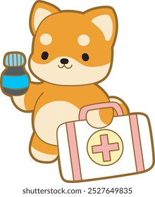 Cute puppy kawaii dog lovely animal vector icon. Fluffy Shiba Inu pet stickers. Happy doggy activities illustrations.
Shiba Inu bring a first aid kit and medicine