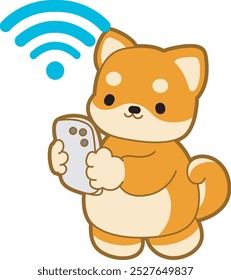 Cute puppy kawaii dog lovely animal vector icon. Fluffy Shiba Inu pet stickers. Happy doggy activities illustrations.
Shiba Inu find a signal phone