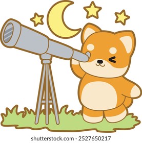 Cute puppy kawaii dog lovely animal vector icon. Fluffy Shiba Inu pet stickers. Happy doggy activities illustrations.
Shiba Inu see the moon and stars with telescope