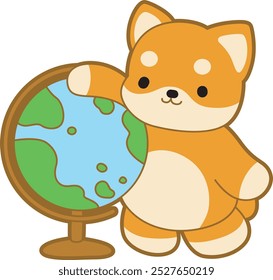 Cute puppy kawaii dog lovely animal vector icon. Fluffy Shiba Inu pet stickers. Happy doggy activities illustrations.
Shiba Inu with big globe