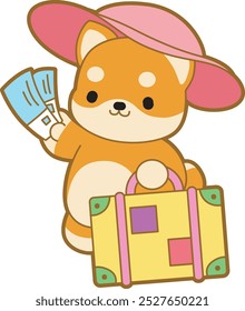 Cute puppy kawaii dog lovely animal vector icon. Fluffy Shiba Inu pet stickers. Happy doggy activities illustrations.
Shiba Inu bring a travelling bag