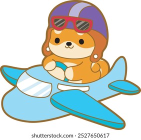 Cute puppy kawaii dog lovely animal vector icon. Fluffy Shiba Inu pet stickers. Happy doggy activities illustrations.
Shiba Inu riding a plane