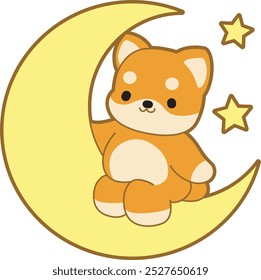 Cute puppy kawaii dog lovely animal vector icon. Fluffy Shiba Inu pet stickers. Happy doggy activities illustrations.
Shiba Inu sit in the moon