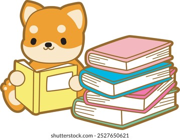 Cute puppy kawaii dog lovely animal vector icon. Fluffy Shiba Inu pet stickers. Happy doggy activities illustrations.
Shiba Inu reading a book