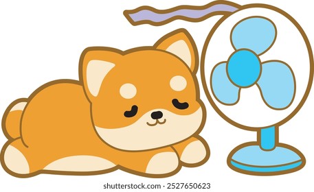 Süße Welpe Kawaii Hund schöne Tier Vektorsymbol. Fluffy Shiba Inu Aufkleber für Haustiere. Happy doggy Aktivitäten Illustrationen.
Shiba Inu vor einem Ventilator