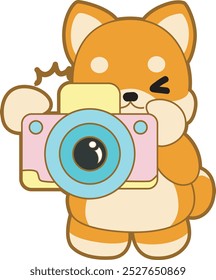 Lindo cachorro kawaii perro encantador icono de Vector animal. Fluffy Shiba Inu pegatinas para mascotas. Ilustraciones de actividades de perrito feliz.
Shiba Inu toma una foto con la cámara