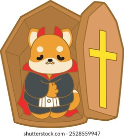 Lindo cachorro kawaii perro encantador animal Vector de halloween. Fluffy Shiba Inu pegatinas para mascotas. Ilustraciones de actividades de perrito feliz.
Shiba Inu con un disfraz de vampiro en el ataúd