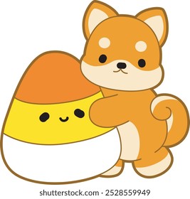 Cute puppy kawaii dog lovely animal halloween vector. Fluffy Shiba Inu pet stickers. Happy doggy activities illustrations.
Shiba Inu bring a yellow candy at Halloween