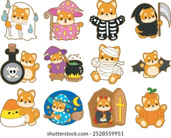 Cute puppy kawaii dog lovely animal halloween vector. Fluffy Shiba Inu pet stickers. Happy doggy activities illustrations.
Variation of halloween party of shiba inu
