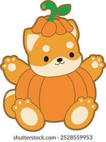 Cute puppy kawaii dog lovely animal halloween vector. Fluffy Shiba Inu pet stickers. Happy doggy activities illustrations.
Shiba Inu in the pumpkin costume for Halloween
