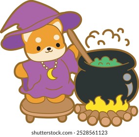 Cute puppy kawaii dog lovely animal halloween vector. Fluffy Shiba Inu pet stickers. Happy doggy activities illustrations.
Shiba Inu cooking a potion in the big pan with witch costume