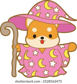 Cute puppy kawaii dog lovely animal halloween vector. Fluffy Shiba Inu pet stickers. Happy doggy activities illustrations.
Shiba Inu with witch costume and moon and stars pattern