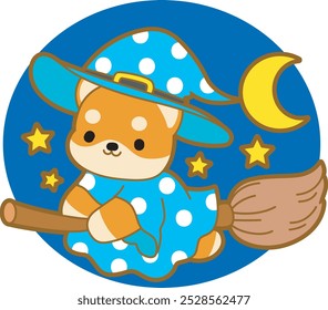 Cute puppy kawaii dog lovely animal halloween vector. Fluffy Shiba Inu pet stickers. Happy doggy activities illustrations.
Shiba Inu flying with broom and wearing witch costume in the night