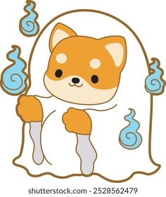 Cute puppy kawaii dog lovely animal halloween vector. Fluffy Shiba Inu pet stickers. Happy doggy activities illustrations.
Shiba Inu with ghost costume at Halloween