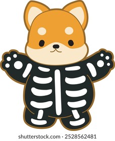 Lindo cachorro kawaii perro encantador animal Vector de halloween. Fluffy Shiba Inu pegatinas para mascotas. Ilustraciones de actividades de perrito feliz.
Shiba Inu con un traje de calavera en Halloween