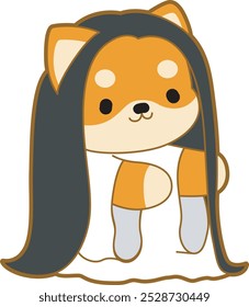 Cute puppy kawaii dog lovely animal halloween vector. Fluffy Shiba Inu pet stickers. Happy doggy activities illustrations.
Shiba Inu have a long hair and wearing a ghost costume