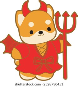 Cute puppy kawaii dog lovely animal halloween vector. Fluffy Shiba Inu pet stickers. Happy doggy activities illustrations.
Shiba Inu wearing a red devil costume for Halloween