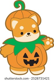 Cute puppy kawaii dog lovely animal halloween vector. Fluffy Shiba Inu pet stickers. Happy doggy activities illustrations.
Shiba Inu wearing a pumpkin costume cute Halloween party